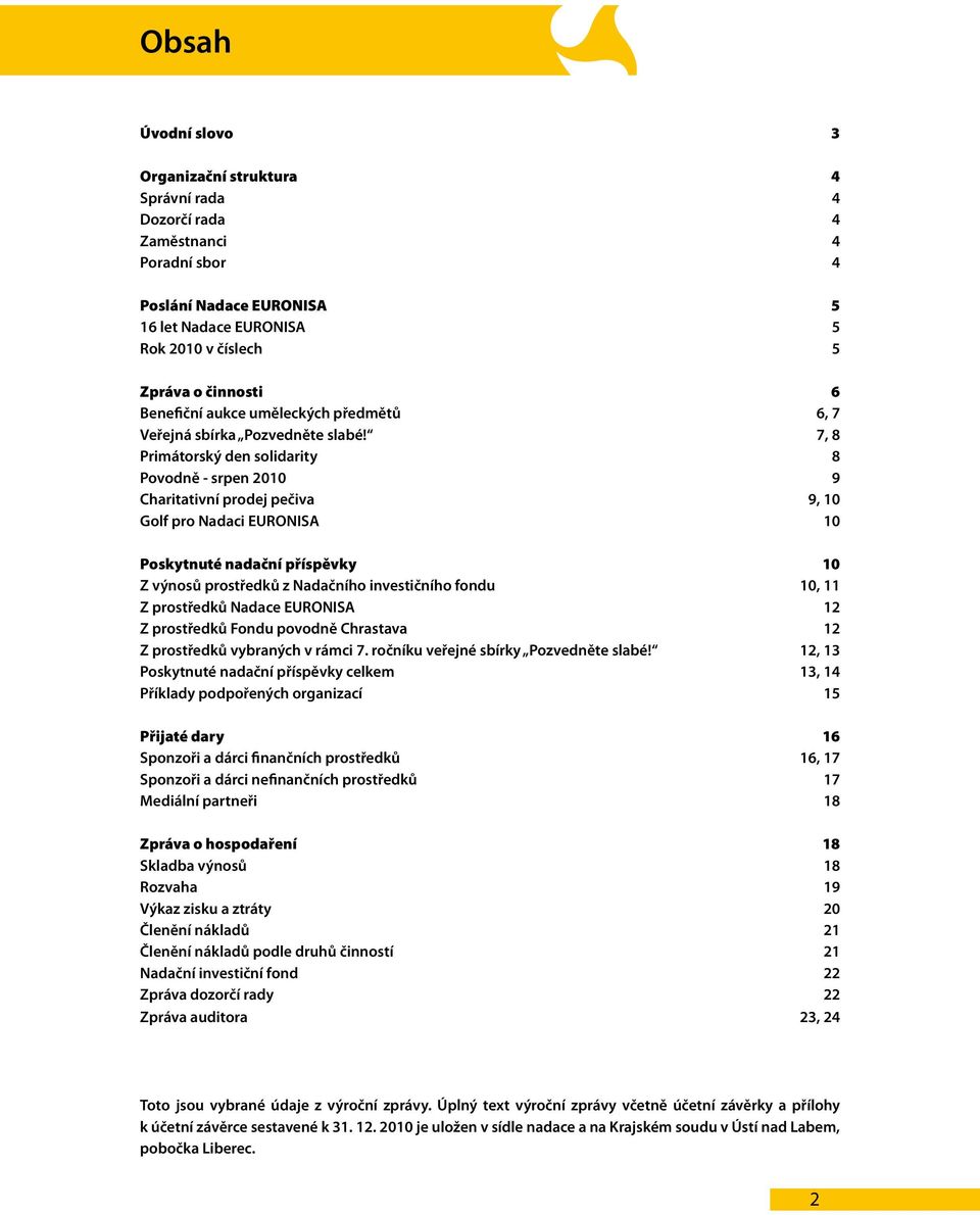 7, 8 Primátorský den solidarity 8 Povodně - srpen 21 9 Charitativní prodej pečiva 9, 1 Golf pro Nadaci EURONISA 1 Poskytnuté nadační příspěvky 1 Z výnosů prostředků z Nadačního investičního fondu 1,