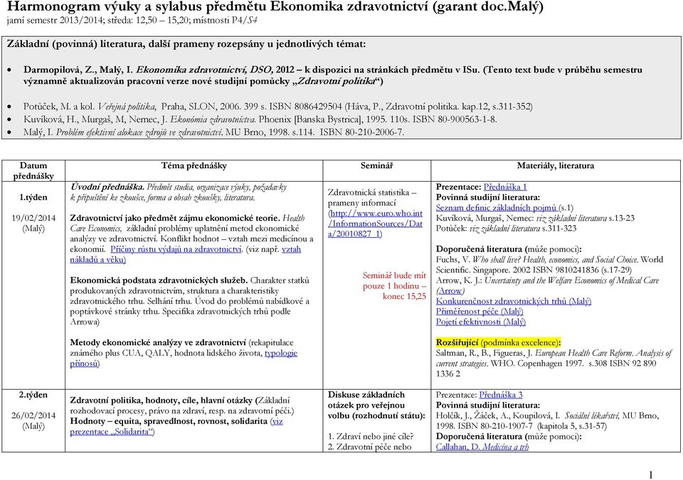 Ekonomika zdravotnictví, DSO, 2012 k dispozici na stránkách předmětu v ISu.