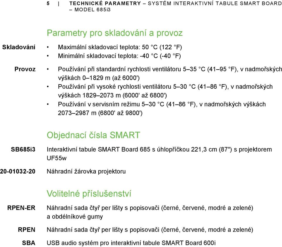 m (6000' až 6800') Používání v servisním režimu 5 30 C (41 86 F), v nadmořských výškách 2073 2987 m (6800' až 9800') Objednací čísla SMART SB685i3 Interaktivní tabule SMART Board 685 s úhlopříčkou