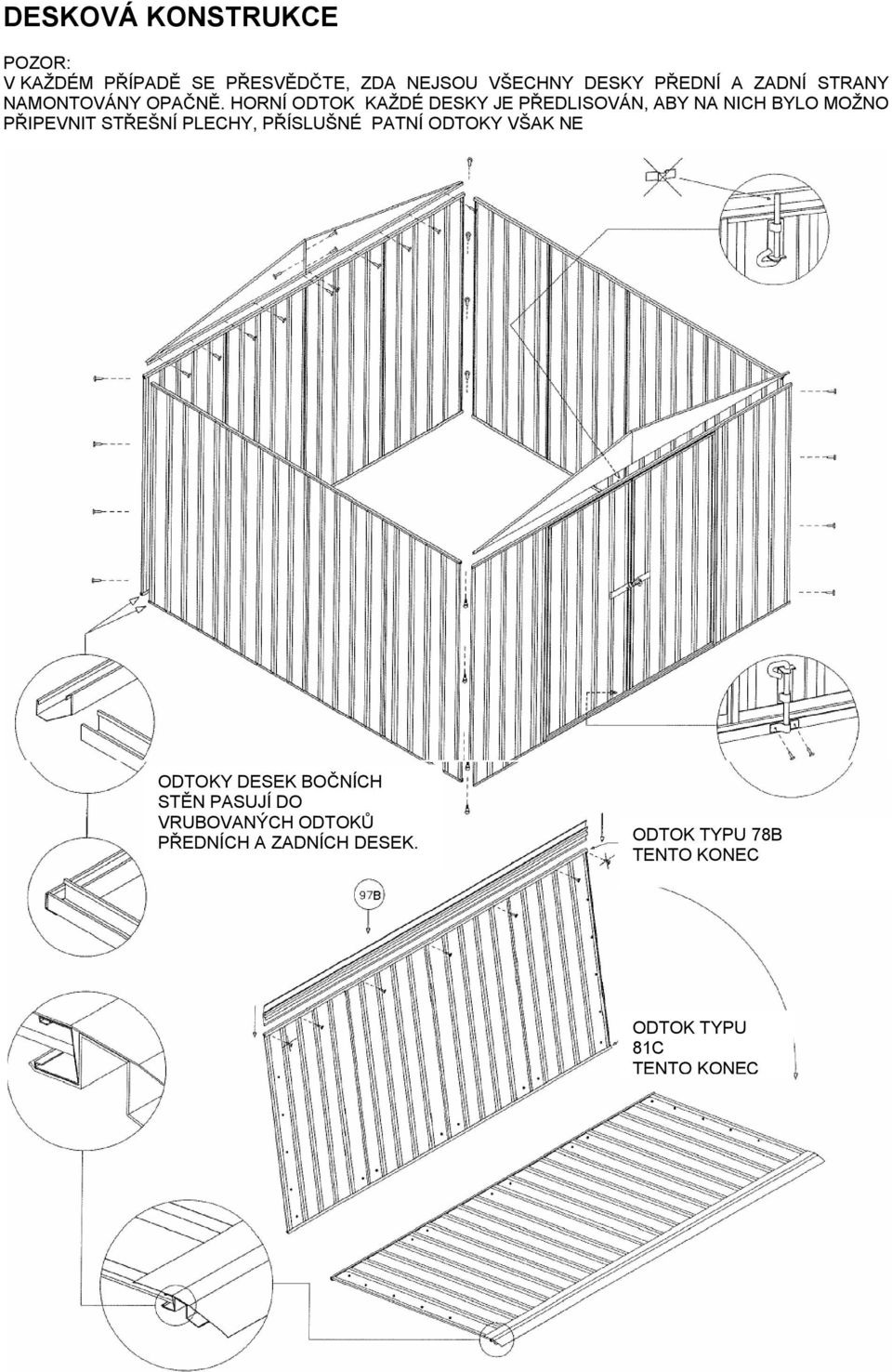 HORNÍ ODTOK KAŽDÉ DESKY JE PŘEDLISOVÁN, ABY NA NICH BYLO MOŽNO PŘIPEVNIT STŘEŠNÍ PLECHY,