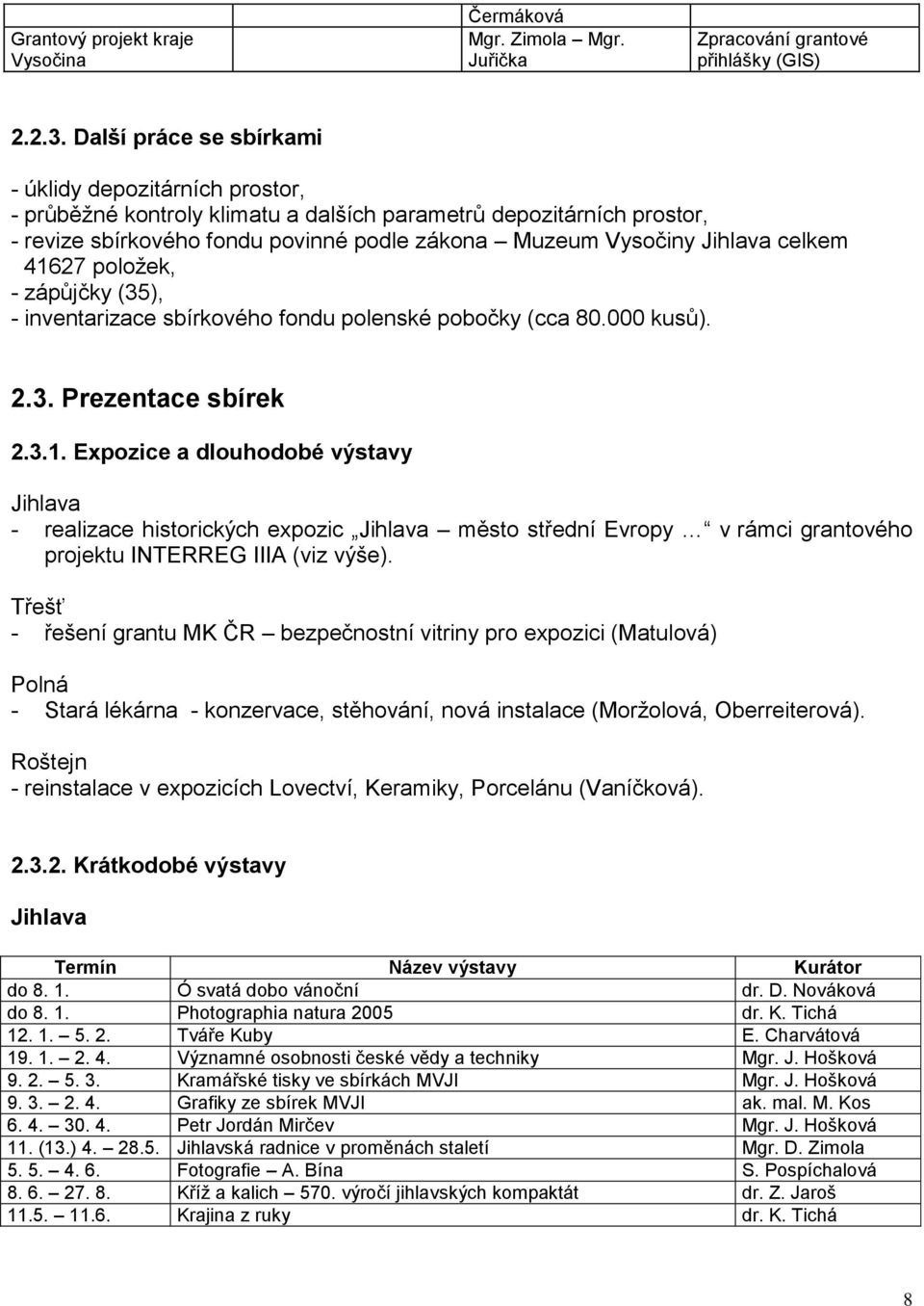 celkem 41627 poloţek, - zápůjčky (35), - inventarizace sbírkového fondu polenské pobočky (cca 80.000 kusů). 2.3. Prezentace sbírek 2.3.1. Expozice a dlouhodobé výstavy Jihlava - realizace historických expozic Jihlava město střední Evropy v rámci grantového projektu INTERREG IIIA (viz výše).