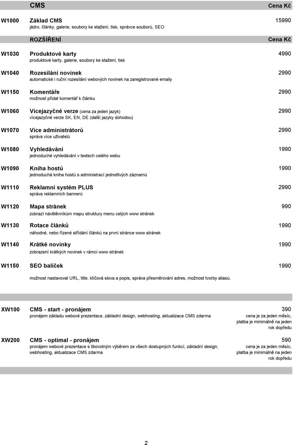 vícejazyčné verze SK, EN, DE (další jazyky dohodou) W1070 Více administrátorů 2990 správa více uživatelů W1080 Vyhledávání 1990 jednoduché vyhledávání v textech celého webu W1090 Kniha hostů 1990