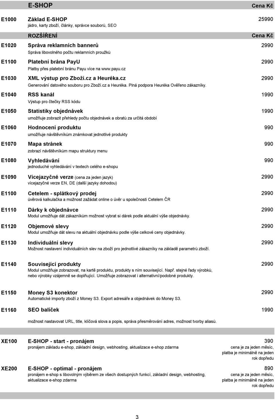 E1040 RSS kanál 1990 Výstup pro čtečky RSS kódu E1050 Statistiky objednávek 1990 umožňuje zobrazit přehledy počtu objednávek a obratů za určitá období E1060 Hodnocení produktu 990 umožňuje