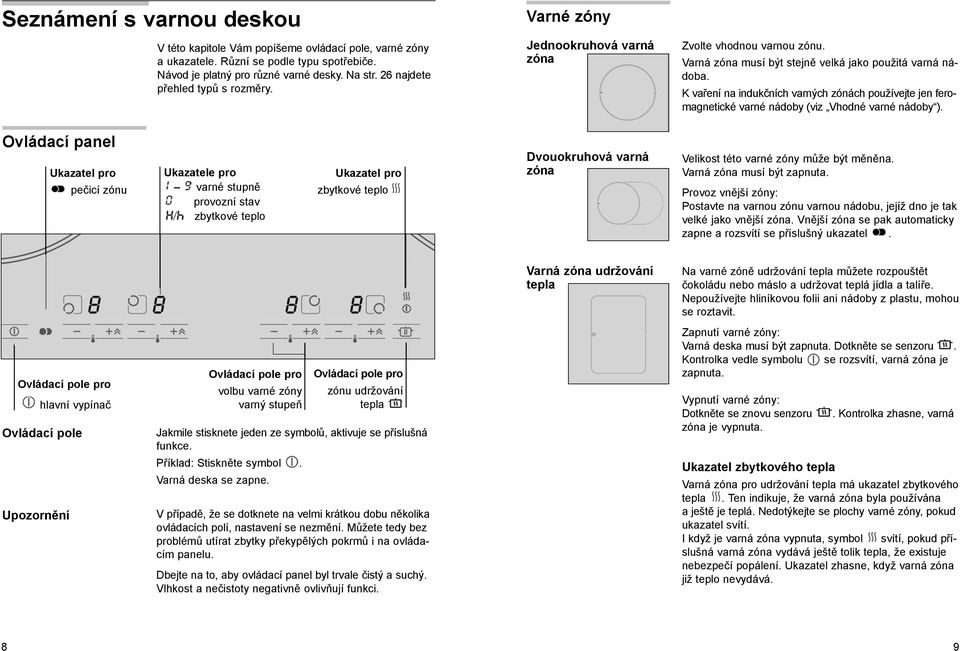 K vaření na indukčních varných zónách používejte jen feromagnetické varné nádoby (viz Vhodné varné nádoby ).