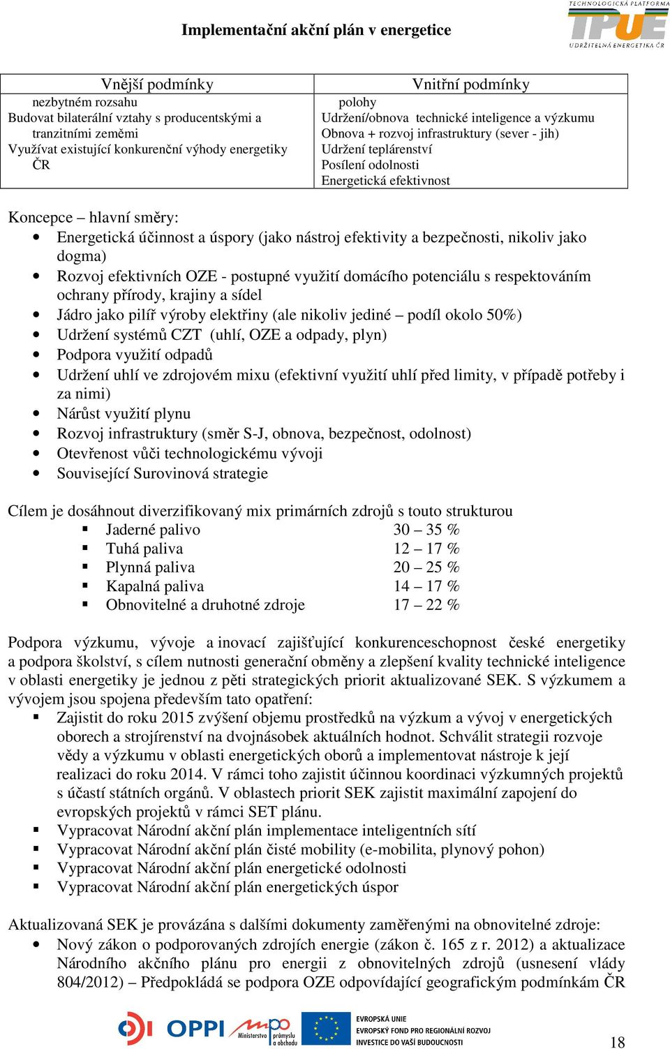 nástroj efektivity a bezpečnosti, nikoliv jako dogma) Rozvoj efektivních OZE - postupné využití domácího potenciálu s respektováním ochrany přírody, krajiny a sídel Jádro jako pilíř výroby elektřiny