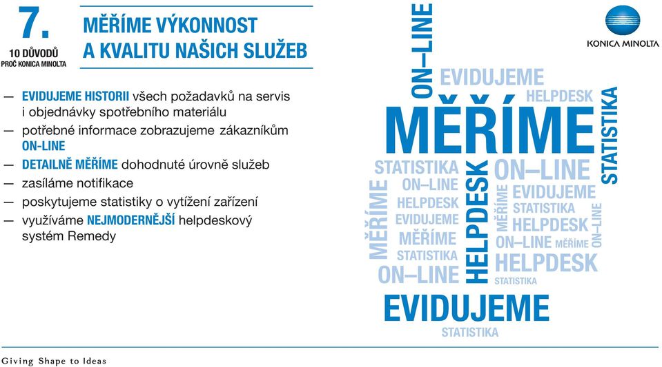 statistiky o vytížení zařízení využíváme NEJMODERNĚJŠÍ helpdeskový systém Remedy MĚŘÍME ON LINE HELPDESK MĚŘÍME ON LINE