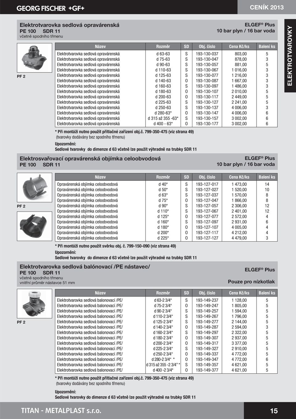 Elektrotvarovka sedlová opravárenská 0 bar plyn / bar voda Název Rozměr D bj.