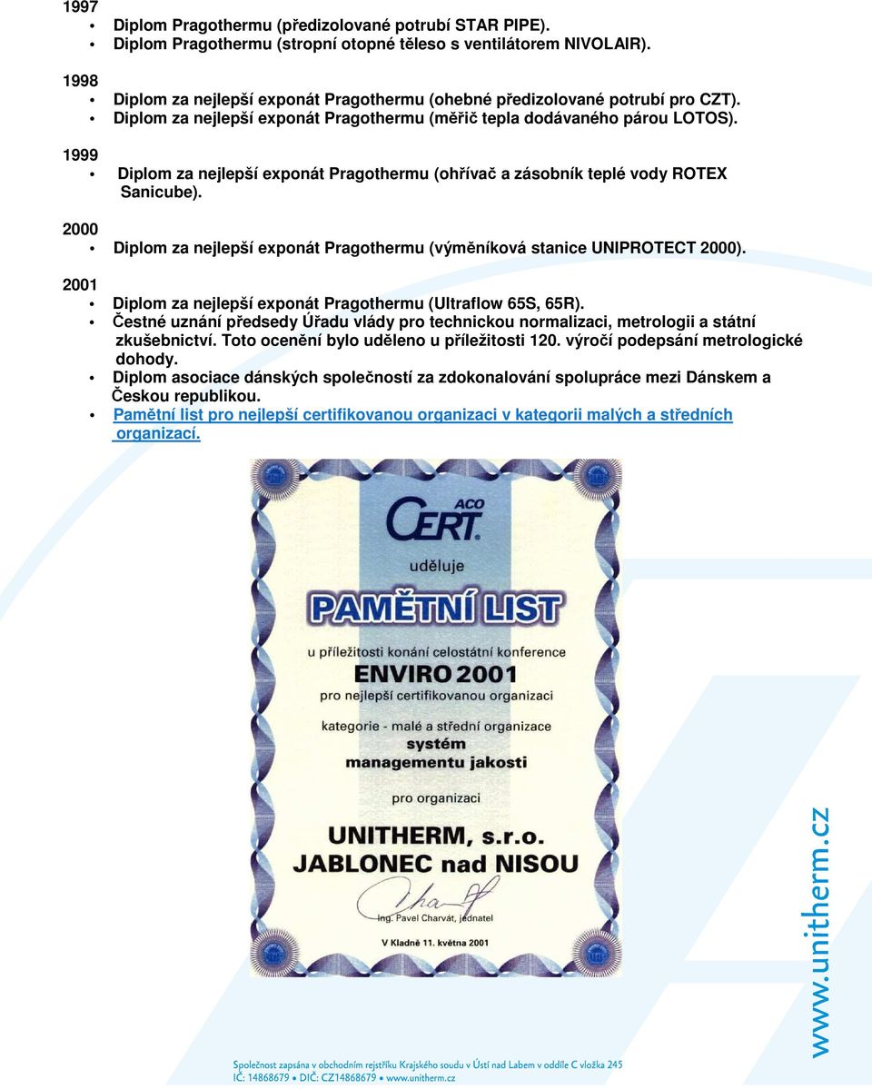 1999 Diplom za nejlepší exponát Pragothermu (ohřívač a zásobník teplé vody ROTEX Sanicube). 2000 Diplom za nejlepší exponát Pragothermu (výměníková stanice UNIPROTECT 2000).