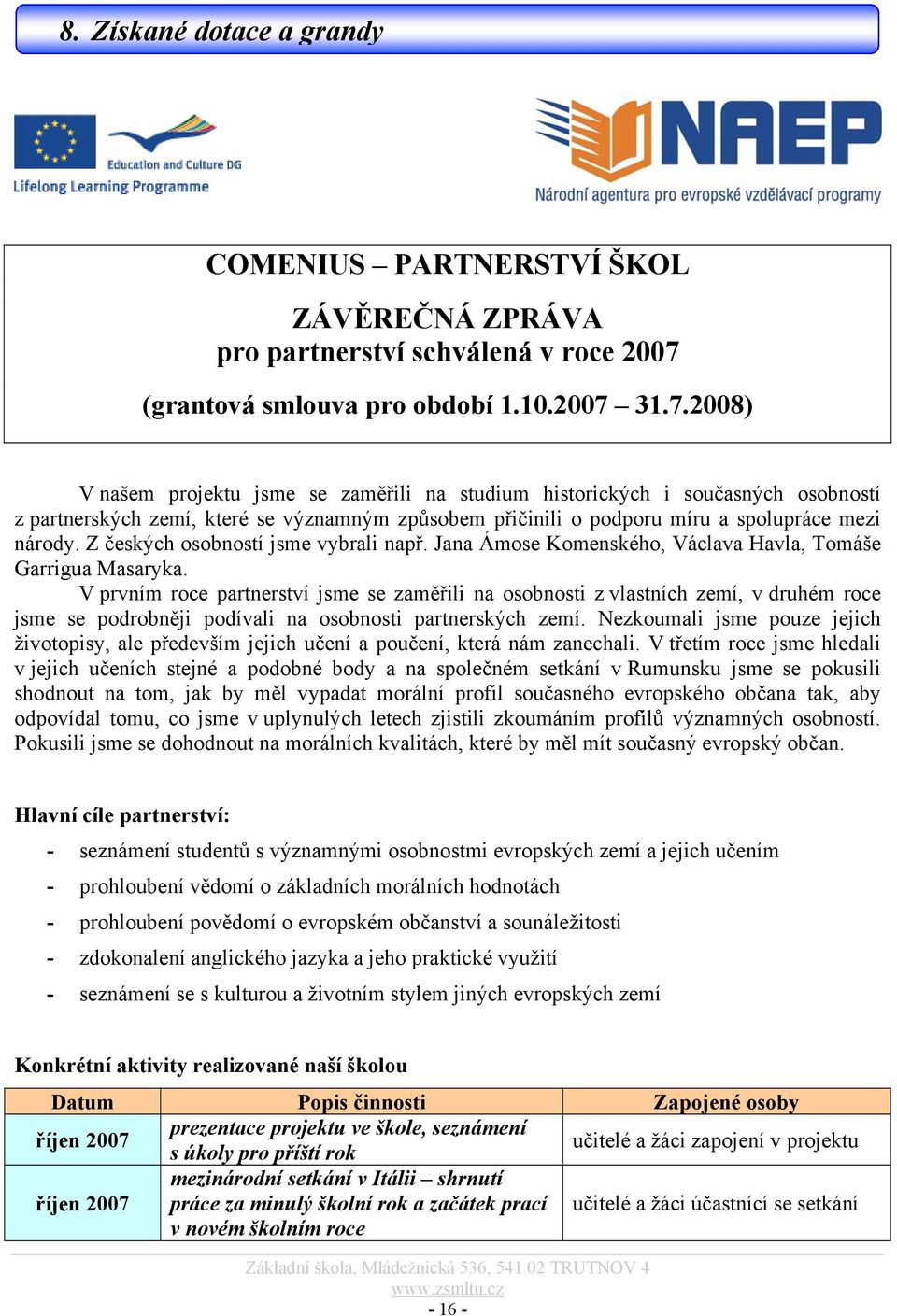 31.7.2008) V našem projektu jsme se zaměřili na studium historických i současných osobností z partnerských zemí, které se významným způsobem přičinili o podporu míru a spolupráce mezi národy.