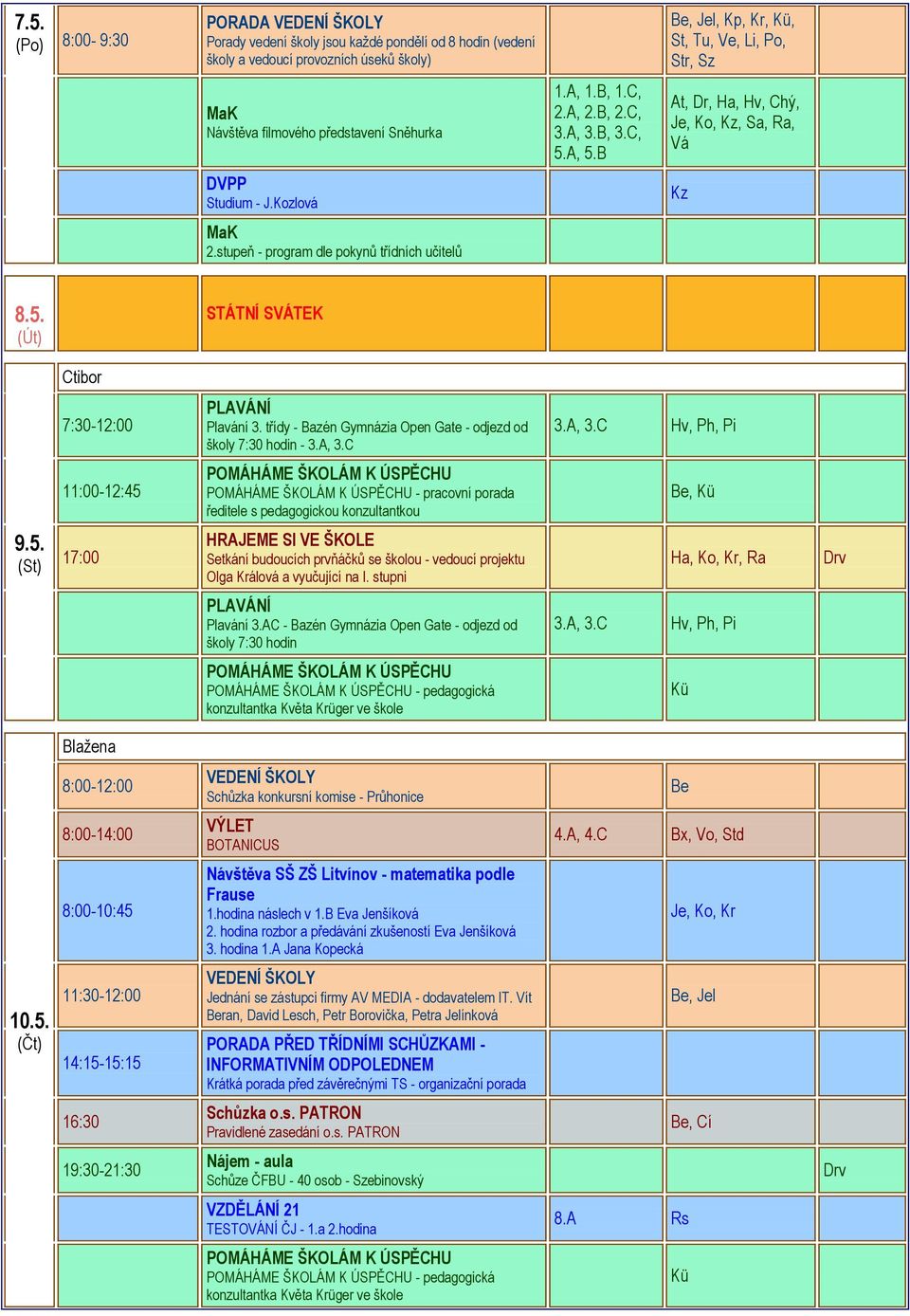 stupni Ha, Ko, Kr, Ra Drv Plavání 3.AC - Bazén Gymnázia Open Gate - odjezd od školy 7:30 hodin - pedagogická Blažena Schůzka konkursní komise - Průhonice 8:00-14:00 VÝLET BOTANICUS 4.A, 4.