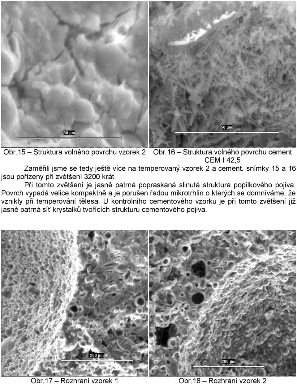 snímky 15 a 16 jsou pořízeny při zvětšení 3200 krát. Při tomto zvětšení je jasně patrná popraskaná slinutá struktura popílkového pojiva.