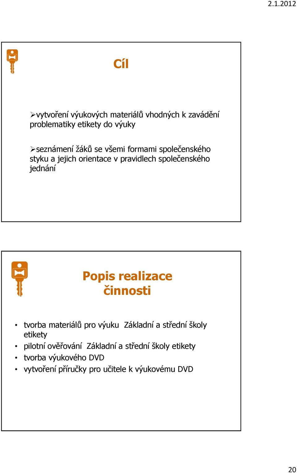 realizace činnosti tvorba materiálů pro výuku Základní a střední školy etikety pilotní ověřování