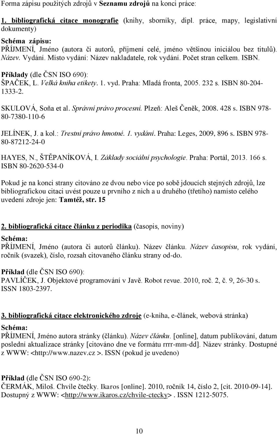 Počet stran celkem. ISBN. Příklady (dle ČSN ISO 690): ŠPAČEK, L. Velká kniha etikety. 1. vyd. Praha: Mladá fronta, 2005. 232 s. ISBN 80-204- 1333-2. SKULOVÁ, Soňa et al. Správní právo procesní.