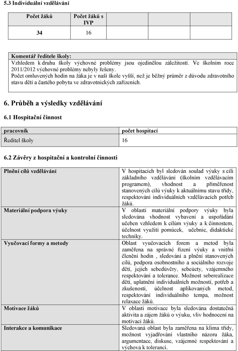 Počet omluvených hodin na žáka je v naší škole vyšší, než je běžný průměr z důvodu zdravotního stavu dětí a častého pobytu ve zdravotnických zařízeních. 6. Průběh a výsledky vzdělávání 6.