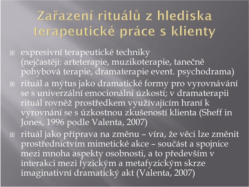 využívajícím hraní k vyrovnání se s úzkostnou zkušeností klienta (Sheff in Jones, 1996 podle Valenta, 2007) rituál jako příprava na změnu víra, že věci