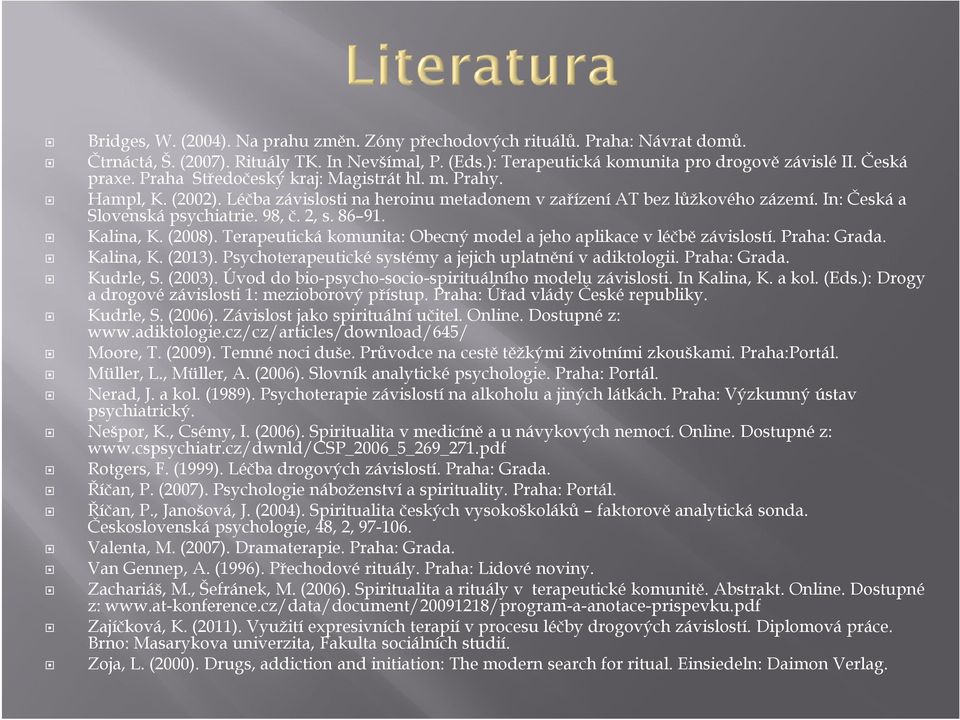 Kalina, K. (2008). Terapeutická komunita: Obecný model a jeho aplikace v léčbě závislostí. Praha: Grada. Kalina, K. (2013). Psychoterapeutické systémy a jejich uplatnění v adiktologii. Praha: Grada. Kudrle, S.