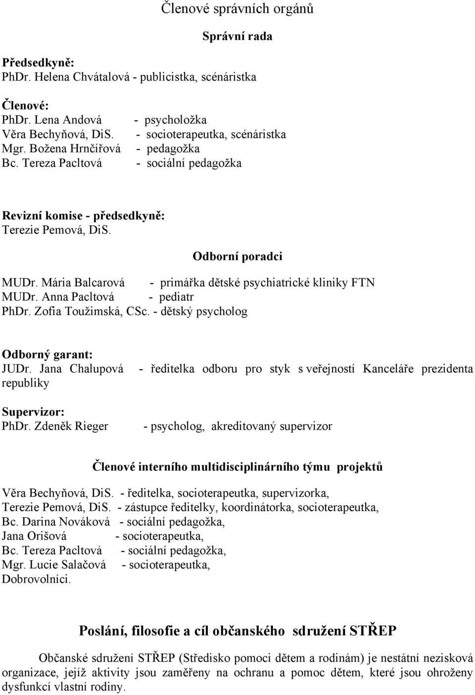 Mária Balcarová - primářka dětské psychiatrické kliniky FTN MUDr. Anna Pacltová - pediatr PhDr. Zofia Toužimská, CSc. - dětský psycholog Odborný garant: JUDr.