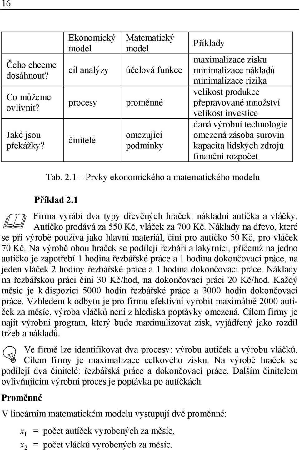 přepravované množství velikost investice daná výrobní technologie omezená zásoba surovin kapacita lidských zdrojů finanční rozpočet Příklad 2.