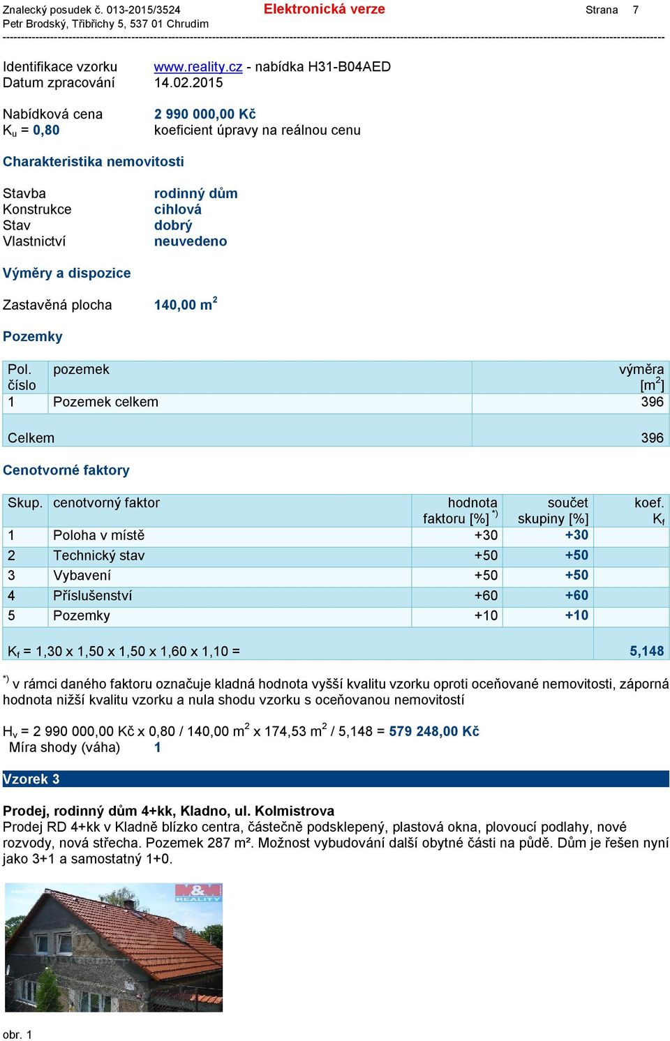 Zastavěná plocha 140,00 m 2 Pozemky Pol. pozemek výměra číslo [m 2 ] 1 Pozemek celkem 396 Celkem 396 Cenotvorné faktory Skup.