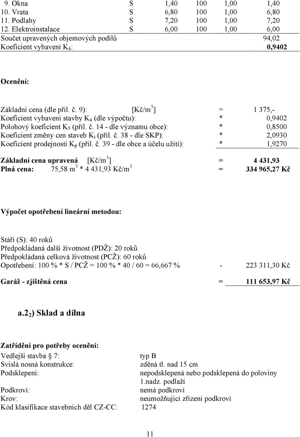 9): [Kč/m 3 ] = 1 375,- Koeficient vybavení stavby K 4 (dle výpočtu): * 0,9402 Polohový koeficient K 5 (příl. č. 14 - dle významu obce): * 0,8500 Koeficient změny cen staveb K i (příl. č. 38 - dle SKP): * 2,0930 Koeficient prodejnosti K p (příl.