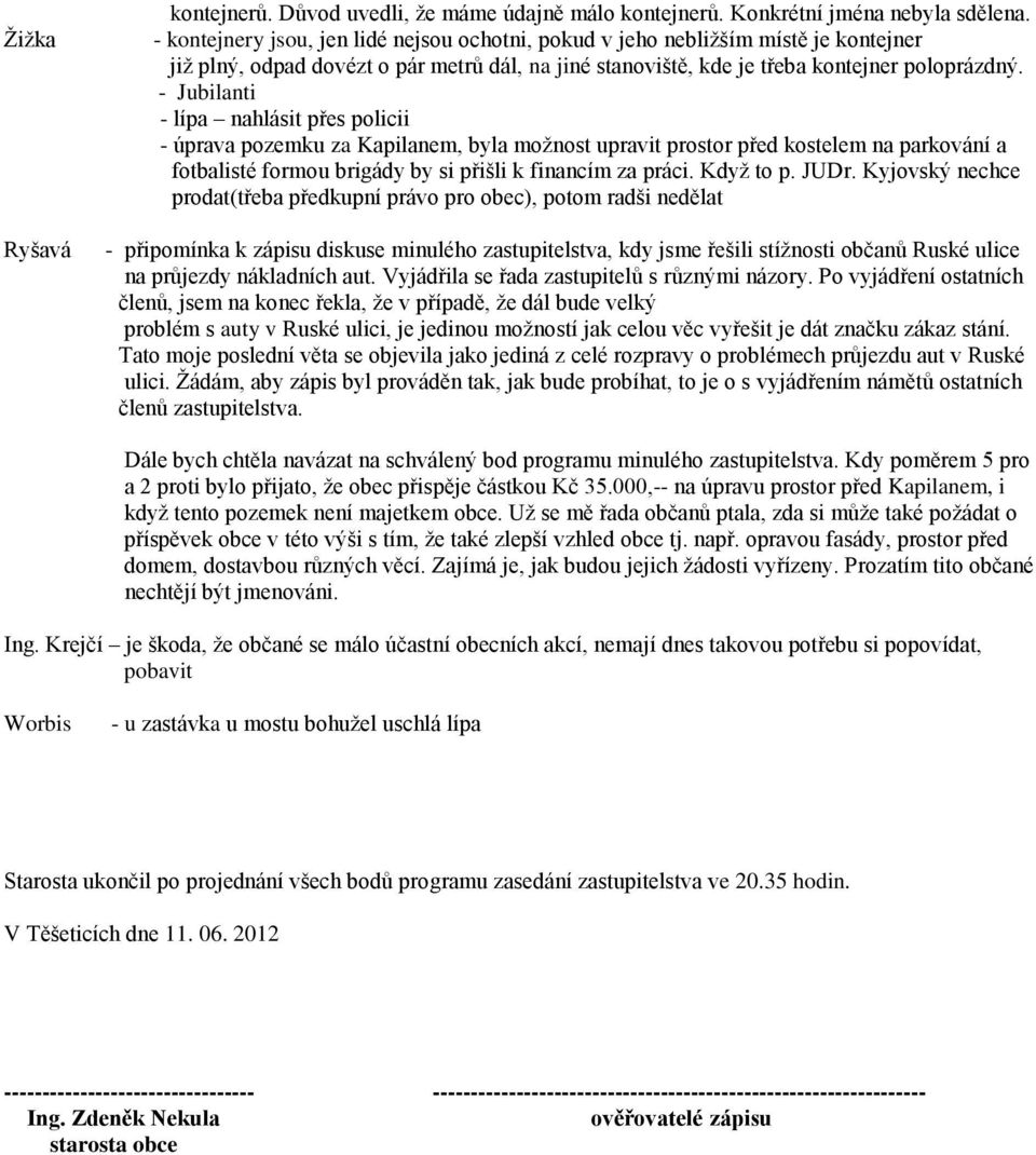 - Jubilanti - lípa nahlásit přes policii - úprava pozemku za Kapilanem, byla možnost upravit prostor před kostelem na parkování a fotbalisté formou brigády by si přišli k financím za práci. Když to p.