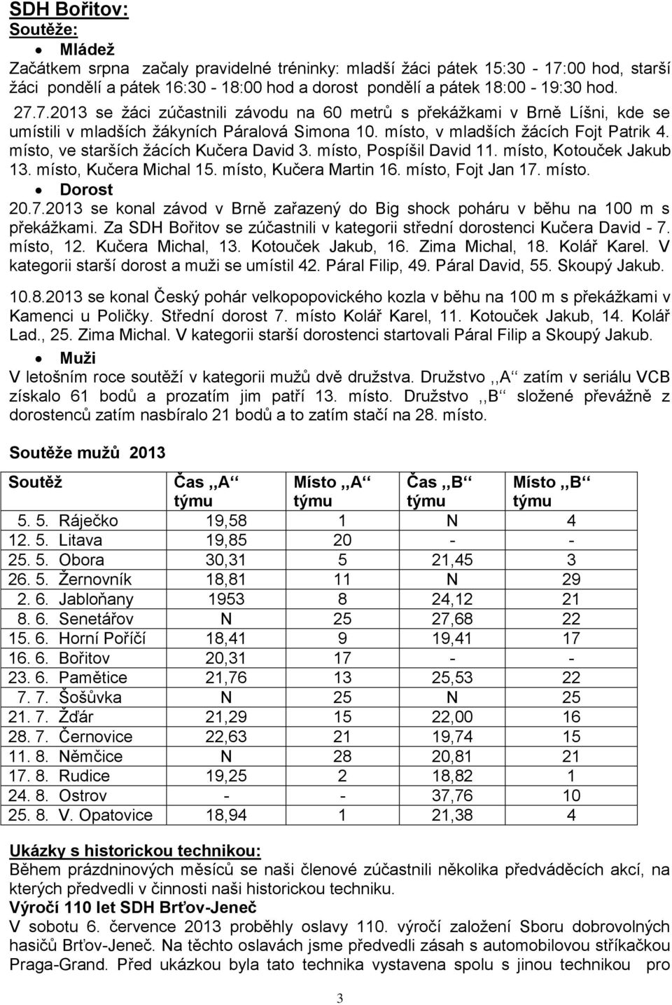 7.2013 se žáci zúčastnili závodu na 60 metrů s překážkami v Brně Líšni, kde se umístili v mladších žákyních Páralová Simona 10. místo, v mladších žácích Fojt Patrik 4.