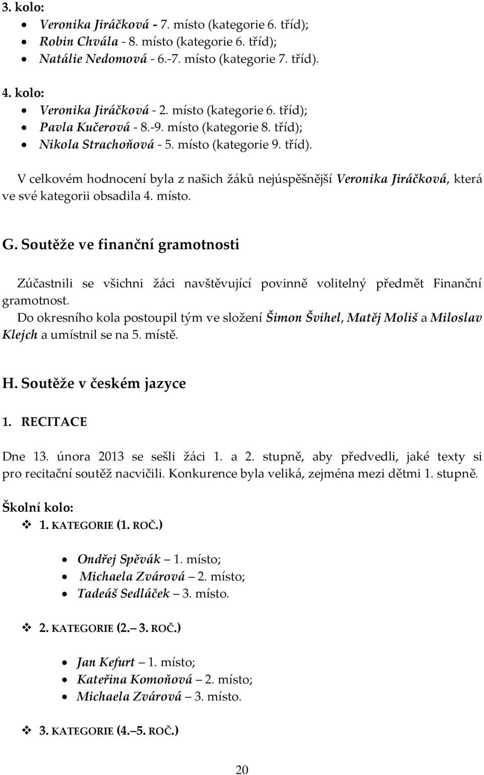 místo. G. Soutěže ve finanční gramotnosti Zúčastnili se všichni žáci navštěvující povinně volitelný předmět Finanční gramotnost.