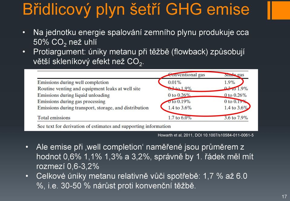 1007/s10584-011-0061-5 Ale emise při well completion naměřené jsou průměrem z hodnot 0,6% 1,1% 1,3% a 3,2%, správně by 1.