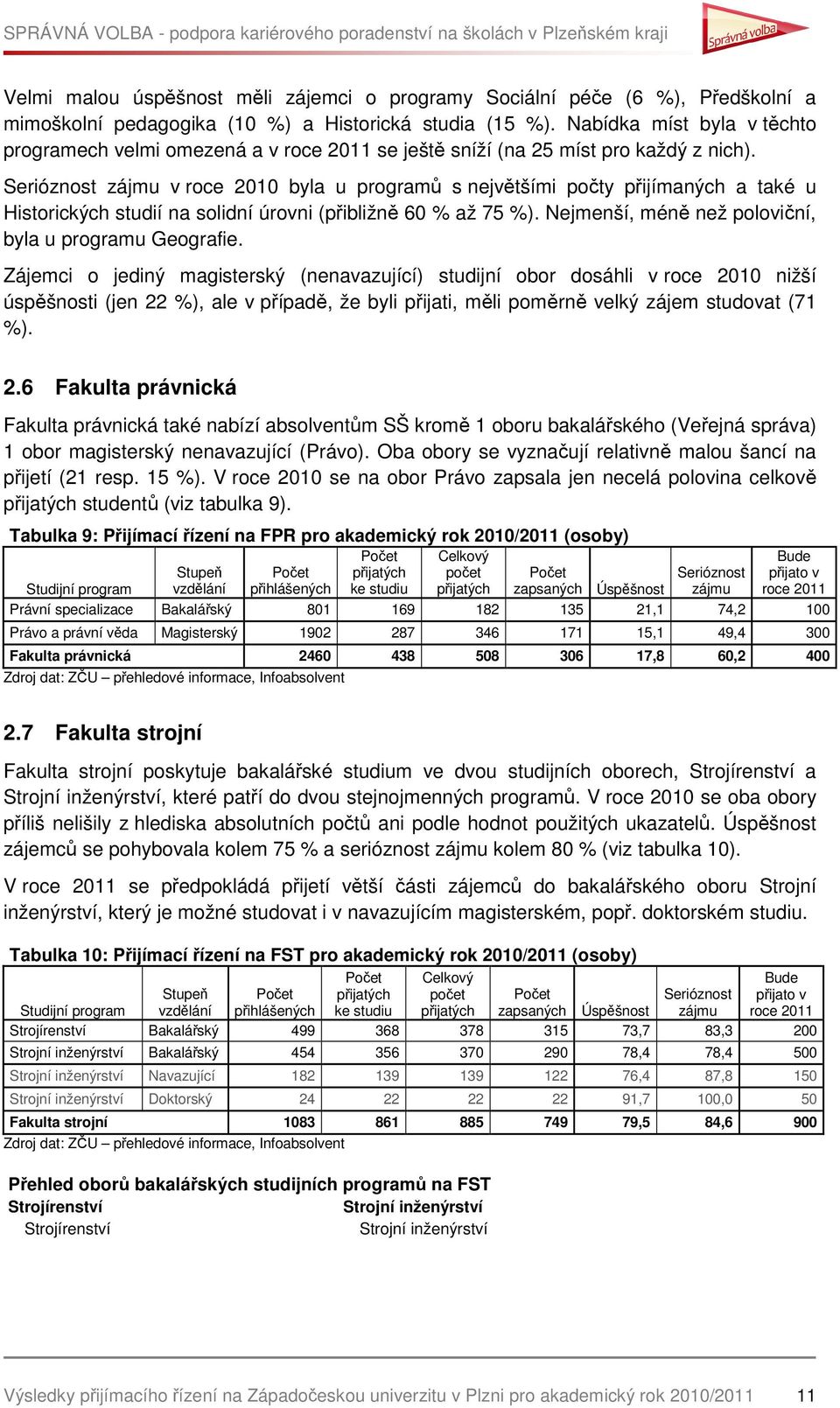 v roce 2010 byla u programů s největšími počty přijímaných a také u Historických studií na solidní úrovni (přibližně 60 % až 75 %). Nejmenší, méně než poloviční, byla u programu Geografie.