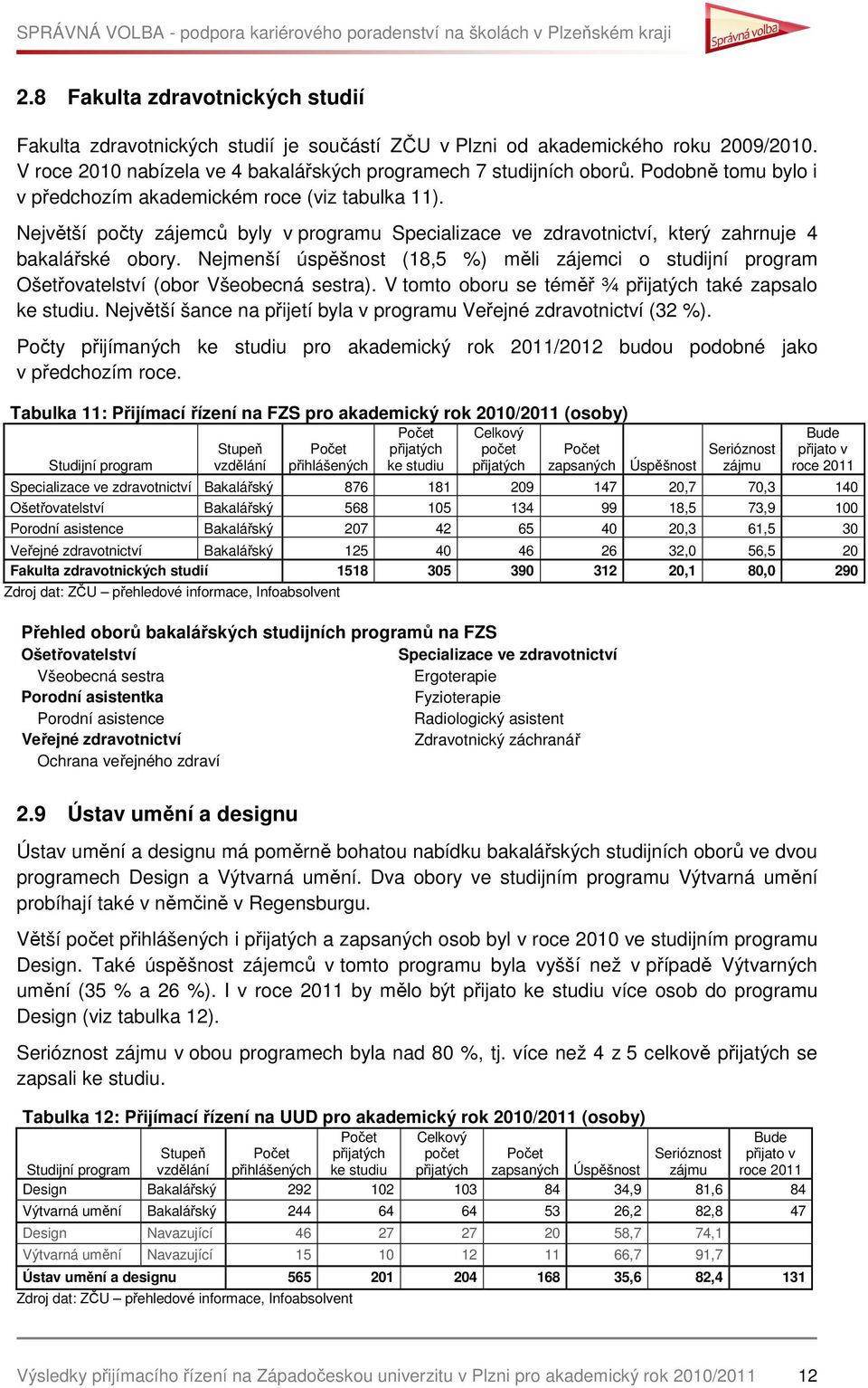 Nejmenší úspěšnost (18,5 %) měli zájemci o studijní program Ošetřovatelství (obor Všeobecná sestra). V tomto oboru se téměř ¾ také zapsalo.