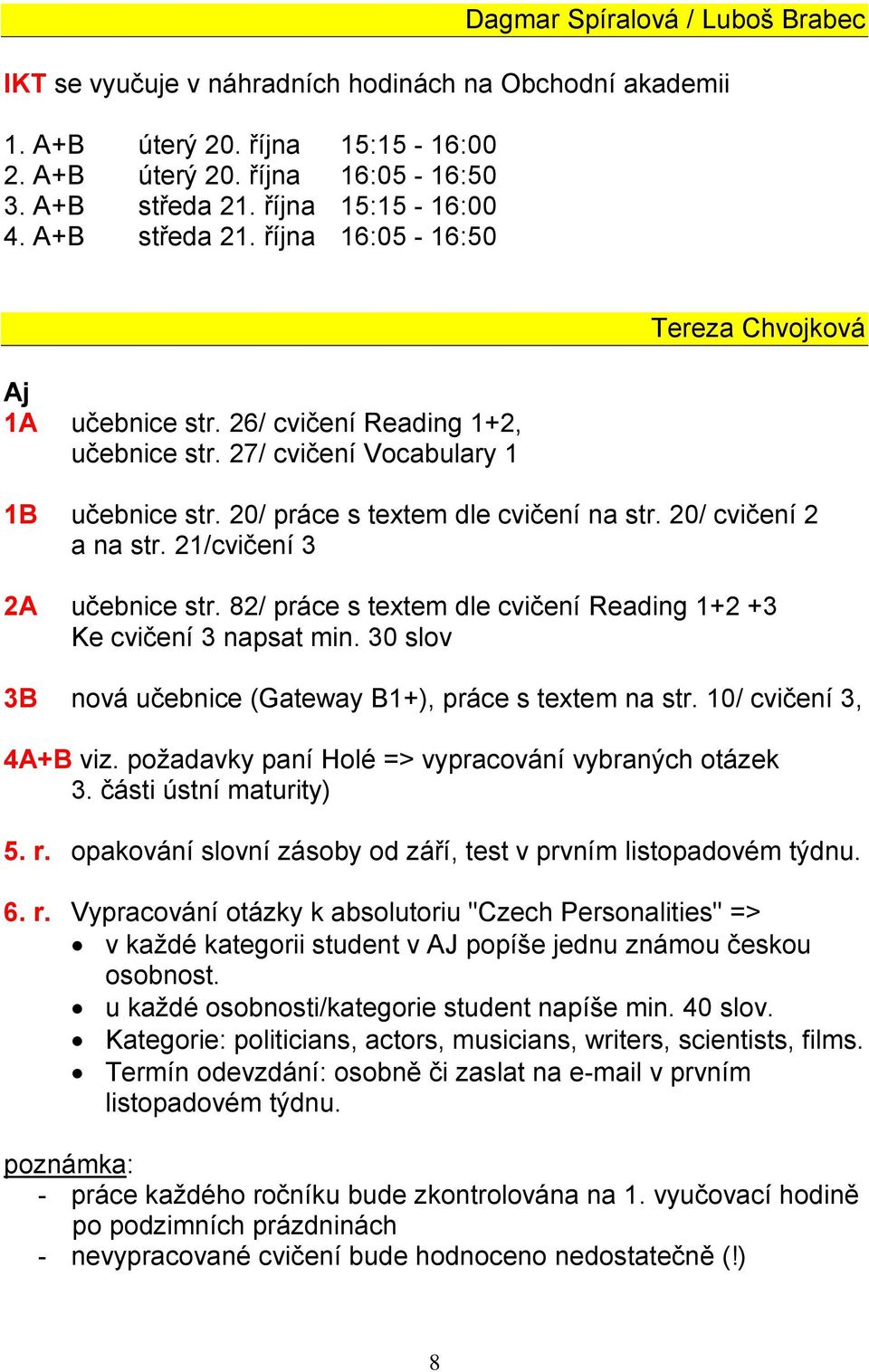 20/ cvičení 2 a na str. 21/cvičení 3 2A učebnice str. 82/ práce s textem dle cvičení Reading 1+2 +3 Ke cvičení 3 napsat min. 30 slov 3B nová učebnice (Gateway B1+), práce s textem na str.