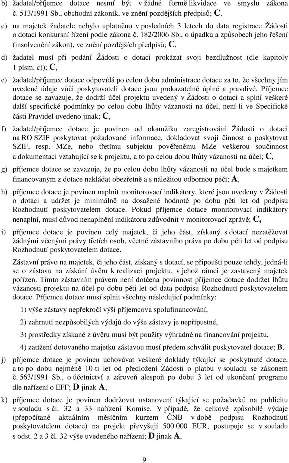 , o úpadku a způsobech jeho řešení (insolvenční zákon), ve znění pozdějších předpisů; C, d) žadatel musí při podání Žádosti o dotaci prokázat svoji bezdlužnost (dle kapitoly 1 písm.