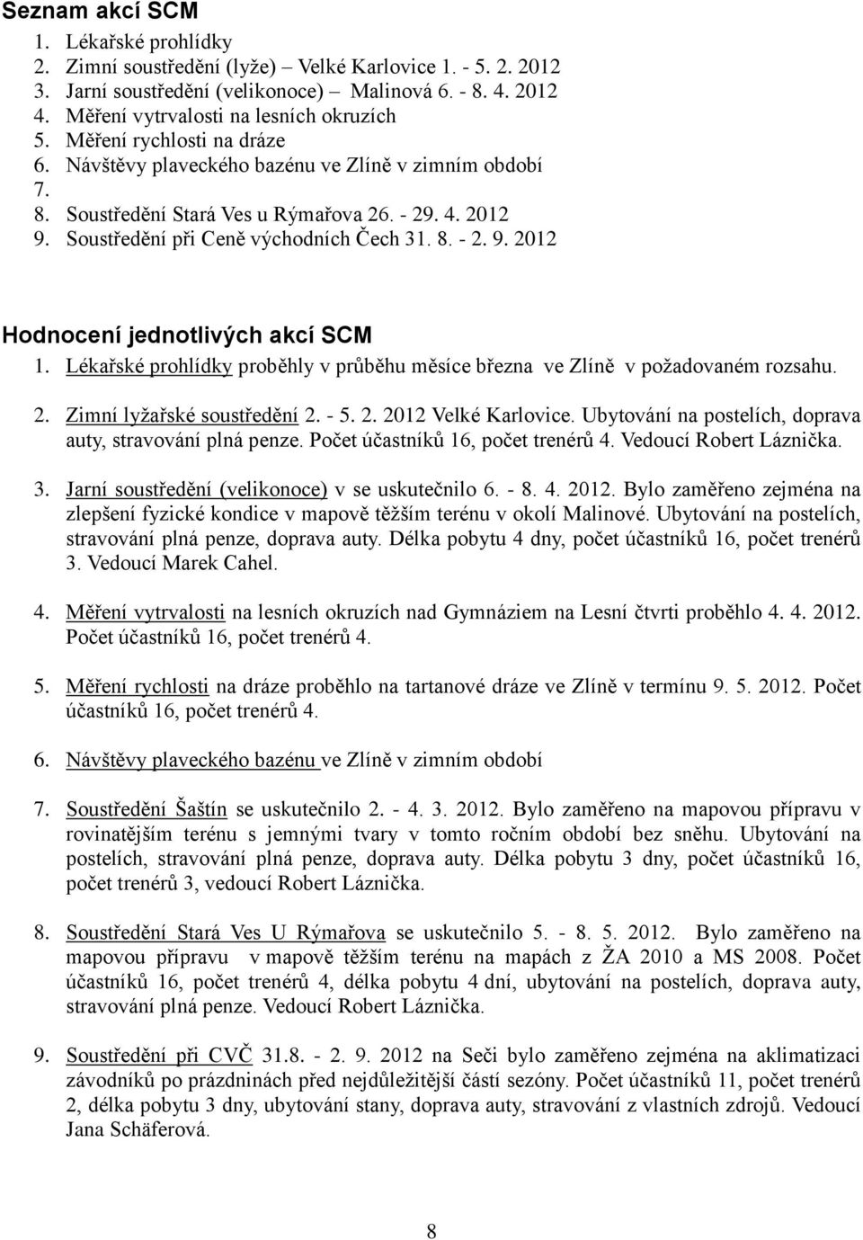 Soustředění při Ceně východních Čech 31. 8. - 2. 9. 2012 Hodnocení jednotlivých akcí SCM 1. Lékařské prohlídky proběhly v průběhu měsíce března ve Zlíně v požadovaném rozsahu. 2. Zimní lyžařské soustředění 2.