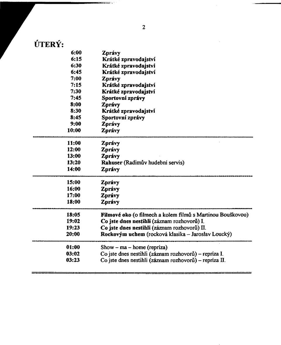 Zprávy 18:00 Zprávy 18:05 Filmové oko (o filmech a kolem filmů s Martinou Bouškovou) 19:02 Co jste dnes nestihli (záznam rozhovorů) I. 19:23 Co jste dnes nestihli (záznam rozhovorů) n.