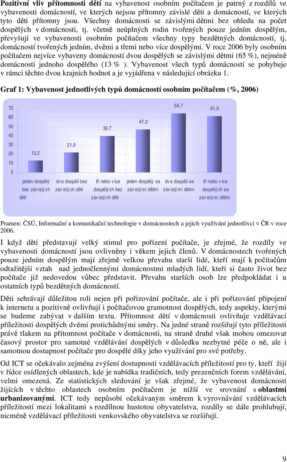 včetně neúplných rodin tvořených pouze jedním dospělým, převyšují ve vybavenosti osobním počítačem všechny typy bezdětných domácností, tj.