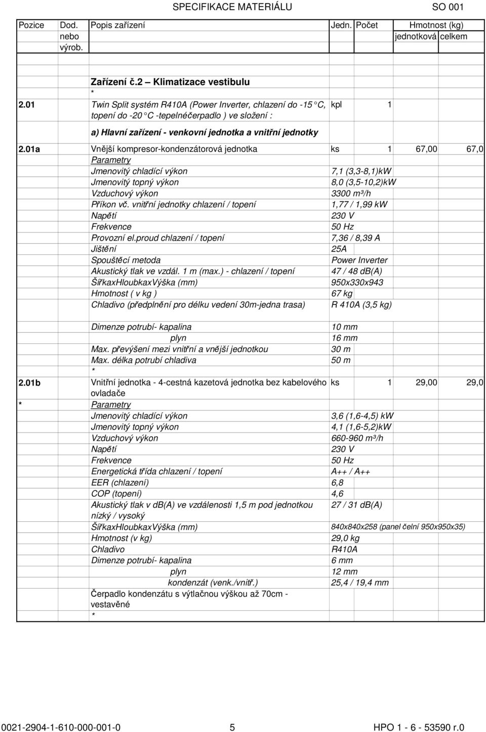 01a Vnější kompresor-kondenzátorová jednotka ks 1 67,00 67,0 Parametry Jmenovitý chladící výkon 7,1 (3,3-8,1)kW Jmenovitý topný výkon 8,0 (3,5-10,2)kW Vzduchový výkon 3300 m³/h Příkon vč.