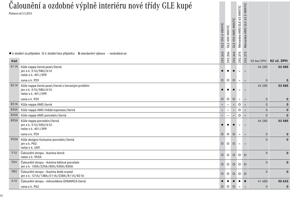 P29 - - Kůže nappa AMG černá - - - - 831A 834A Kůže nappa AMG hnědá espresso/černá - - - - 835A Kůže nappa AMG porcelain/černá - - - - 855A Kůže nappa porcelain/černá 44Ê285 53Ê585 jen s k.