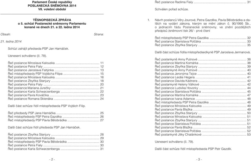 .. 13 Øeè místopøedsedy PSP Vojtìcha Filipa... 15 Øeè poslance Miroslava Kalouska... 16 Øeè poslance Zbyòka Stanjury... 18 Øeè poslance Petra Fialy... 20 Øeè poslance Mariana Jureèky.