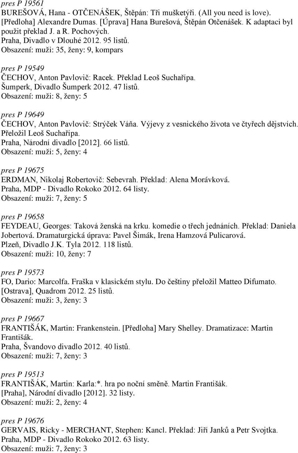 Obsazení: muži: 8, ženy: 5 pres P 19649 ČECHOV, Anton Pavlovič: Strýček Váňa. Výjevy z vesnického života ve čtyřech dějstvích. Přeložil Leoš Suchařípa. Praha, Národní divadlo [2012]. 66 listů.