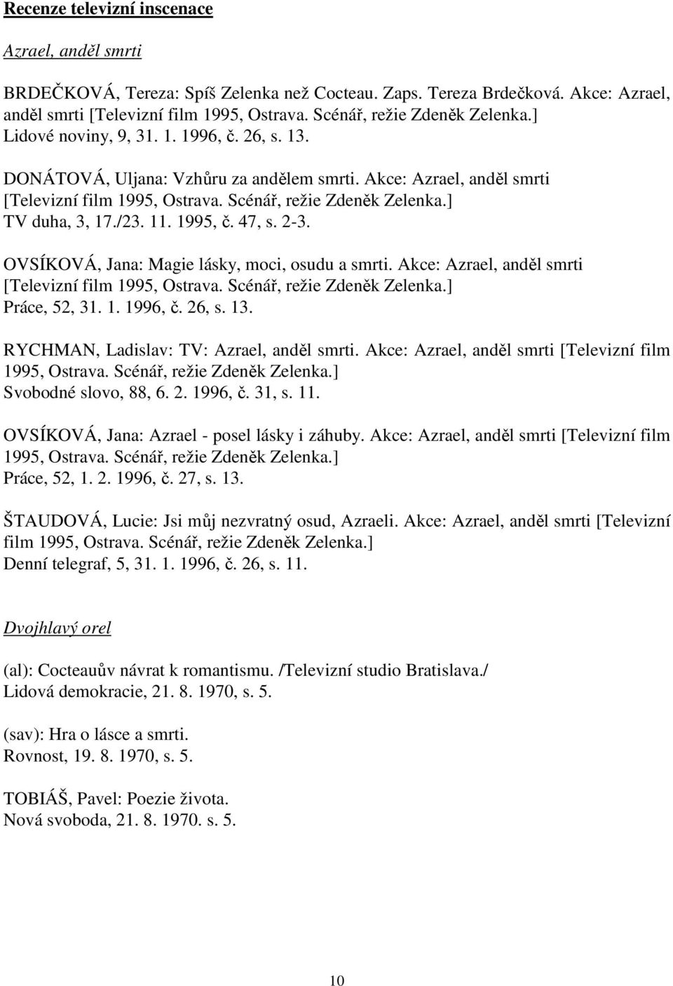 Scénář, režie Zdeněk Zelenka.] TV duha, 3, 17./23. 11. 1995, č. 47, s. 2-3. OVSÍKOVÁ, Jana: Magie lásky, moci, osudu a smrti. Akce: Azrael, anděl smrti [Televizní film 1995, Ostrava.