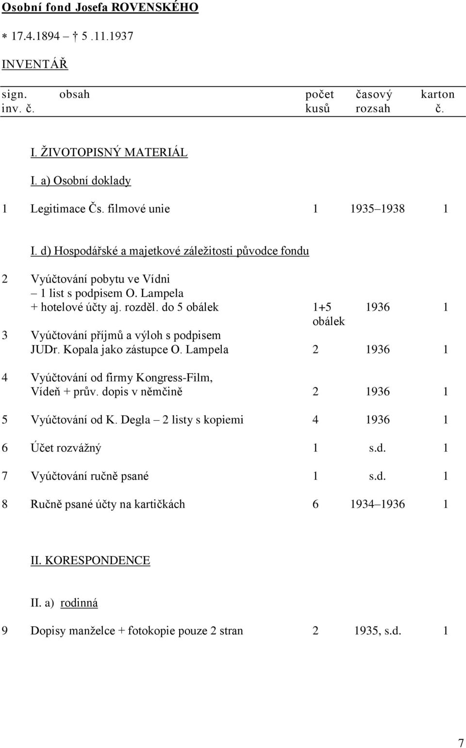 do 5 obálek 1+5 1936 1 obálek 3 Vyúčtování příjmů a výloh s podpisem JUDr. Kopala jako zástupce O. Lampela 2 1936 1 4 Vyúčtování od firmy Kongress-Film, Vídeň + prův.