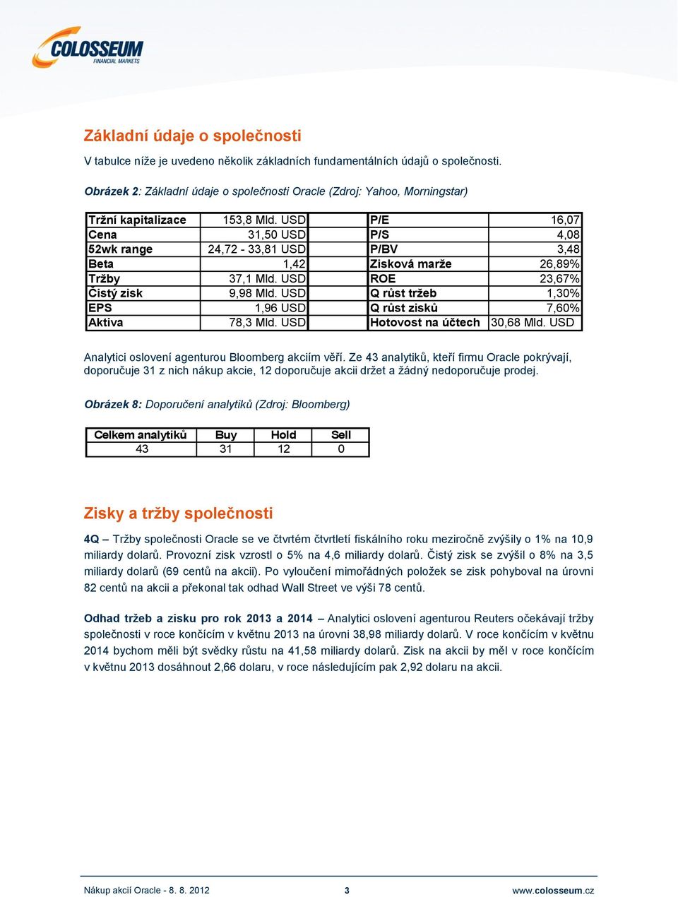 USD P/E 16,07 Cena 31,50 USD P/S 4,08 52wk range 24,72-33,81 USD P/BV 3,48 Beta 1,42 Zisková marže 26,89% Tržby 37,1 Mld. USD ROE 23,67% Čistý zisk 9,98 Mld.