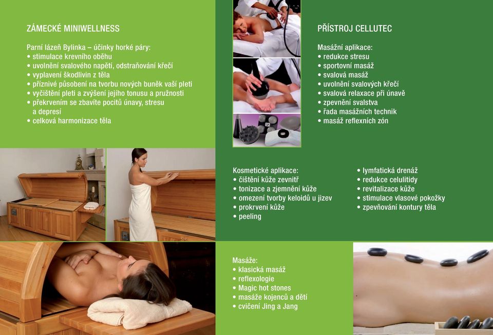 sportovní masáž svalová masáž uvolnění svalových křečí svalová relaxace při únavě zpevnění svalstva řada masážních technik masáž reflexních zón Kosmetické aplikace: čištění kůže zevnitř tonizace a