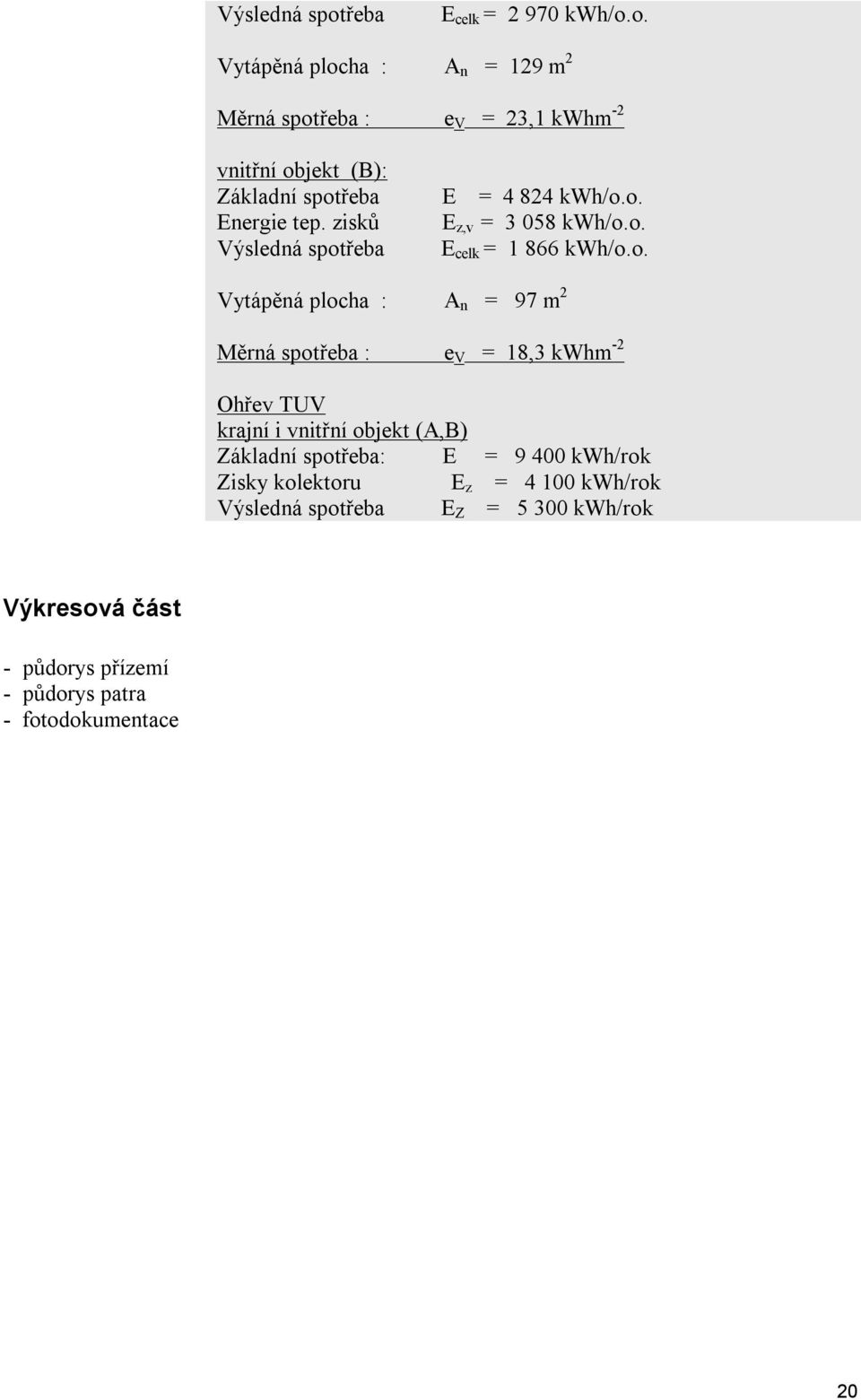 o. Vytápěná plocha : A n = 129 m 2 Měrná spotřeba : e V = 23,1 kwhm -2 vnitřní objekt (B): Základní spotřeba E = 4 824 kwh/o.o. Energie tep.