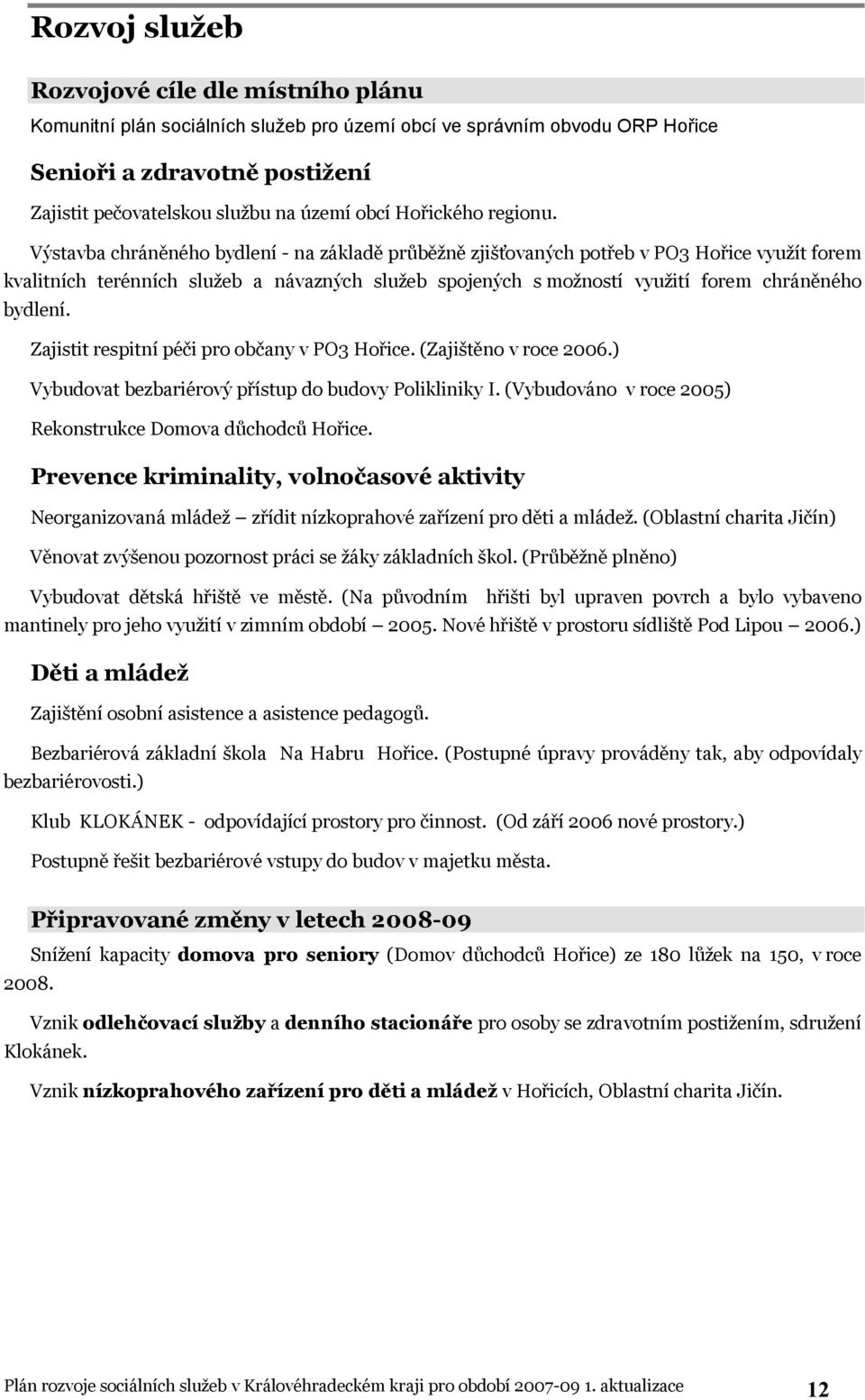 Výstavba chráněného bydlení - na základě průběžně zjišťovaných potřeb v PO3 Hořice využít forem kvalitních terénních služeb a návazných služeb spojených s možností využití forem chráněného bydlení.