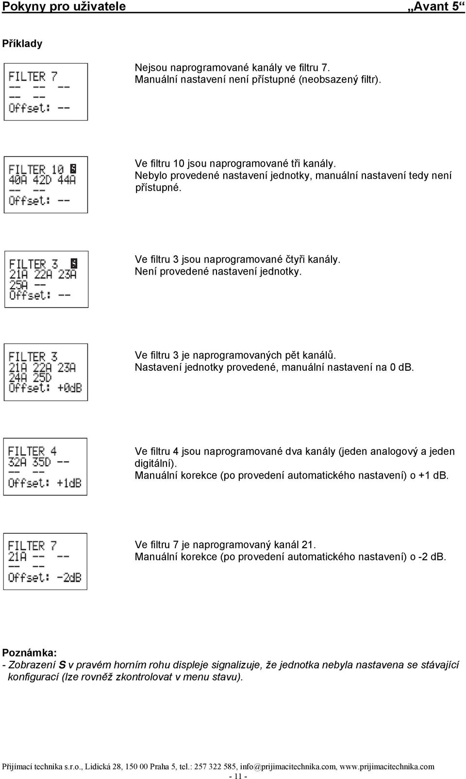 Ve filtru 3 je naprogramovaných pět kanálů. Nastavení jednotky provedené, manuální nastavení na 0 db. Ve filtru 4 jsou naprogramované dva kanály (jeden analogový a jeden digitální).