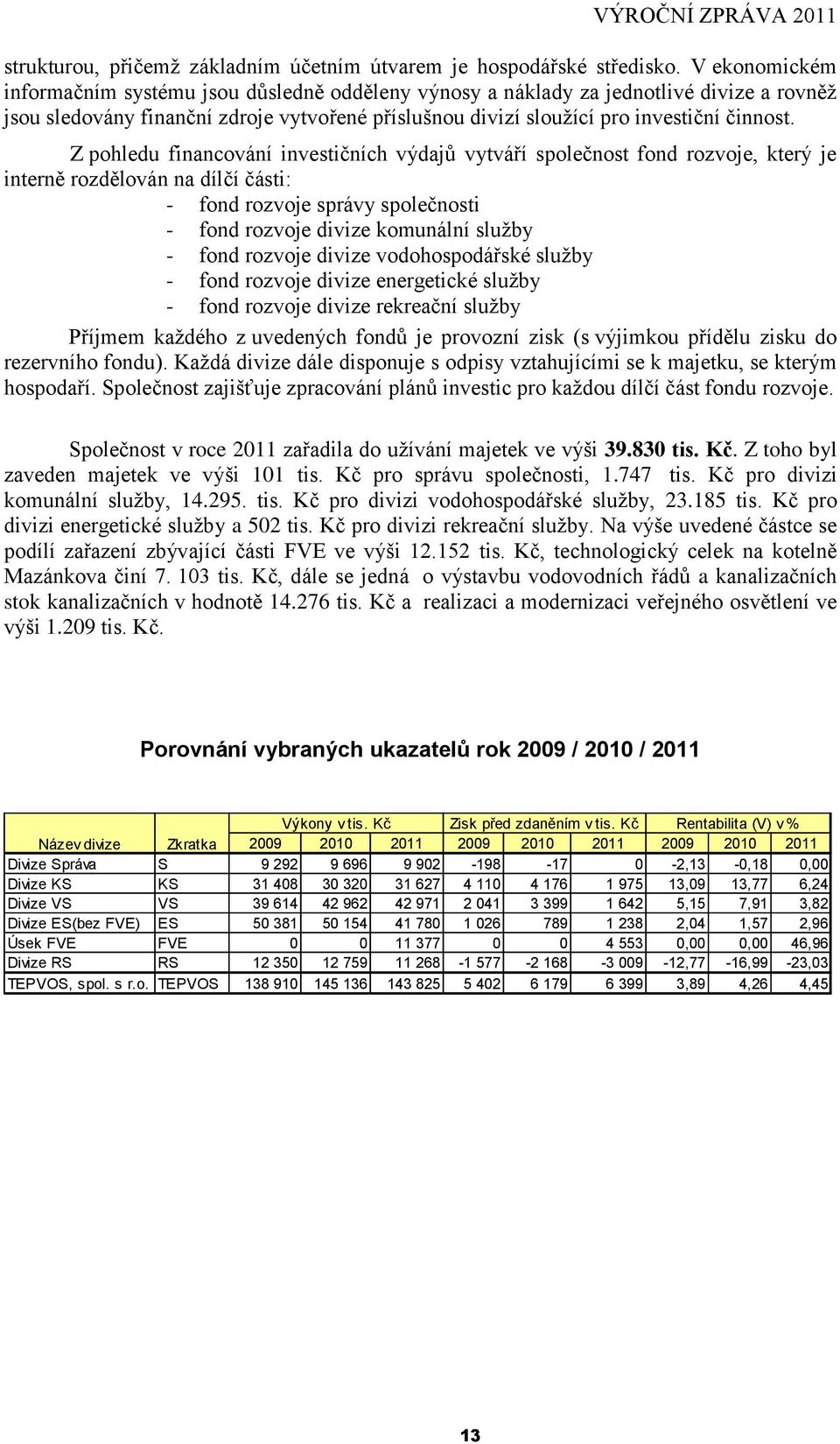 Z pohledu financování investičních výdajů vytváří společnost fond rozvoje, který je interně rozdělován na dílčí části: - fond rozvoje správy společnosti - fond rozvoje divize komunální služby - fond