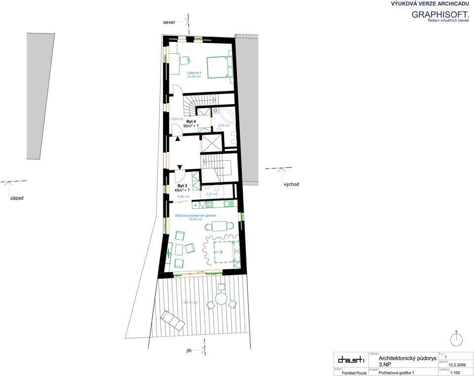 východ Obývací prostor se spaním 38,58 m2 36,17