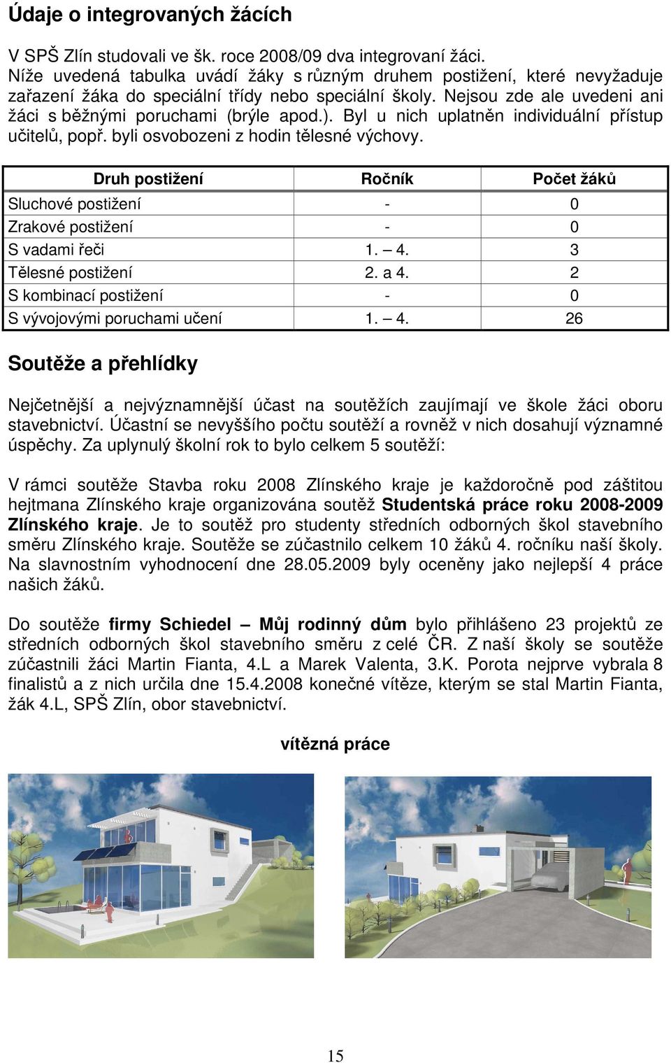 Byl u nich uplatněn individuální přístup učitelů, popř. byli osvobozeni z hodin tělesné výchovy. Druh postižení Ročník Počet žáků Sluchové postižení - 0 Zrakové postižení - 0 S vadami řeči 1. 4.