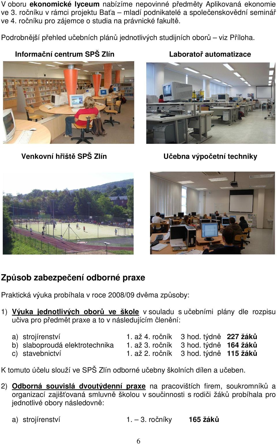 Informační centrum SPŠ Zlín Laboratoř automatizace Venkovní hřiště SPŠ Zlín Učebna výpočetní techniky Způsob zabezpečení odborné praxe Praktická výuka probíhala v roce 2008/09 dvěma způsoby: 1) Výuka